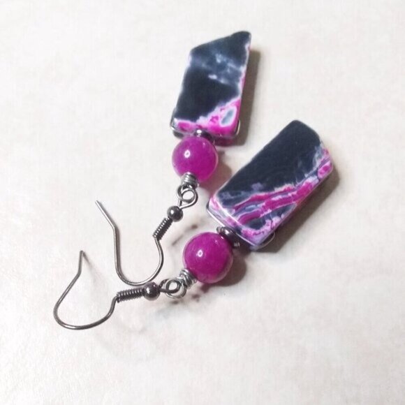 Black Gray & Rose Pink Agate + Sugilite Earrings ~ Unique + One-of-a-kind! - Picture 4 of 6